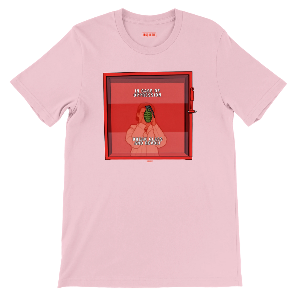 Light pink Jacquerie graphic t-shirt featuring an emergency break glass cabinet with the slogan "In Case of Oppression, Break Glass and Revolt."