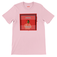 Light pink Jacquerie graphic t-shirt featuring an emergency break glass cabinet with the slogan "In Case of Oppression, Break Glass and Revolt."