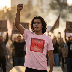Light pink Jacquerie graphic t-shirt featuring an emergency break glass cabinet with the slogan "In Case of Oppression, Break Glass and Revolt."