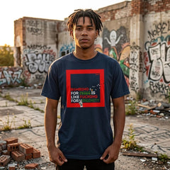 Person wearing a black t-shirt with a graphic design in front of a graffiti-covered wall. Design by Jacquerie